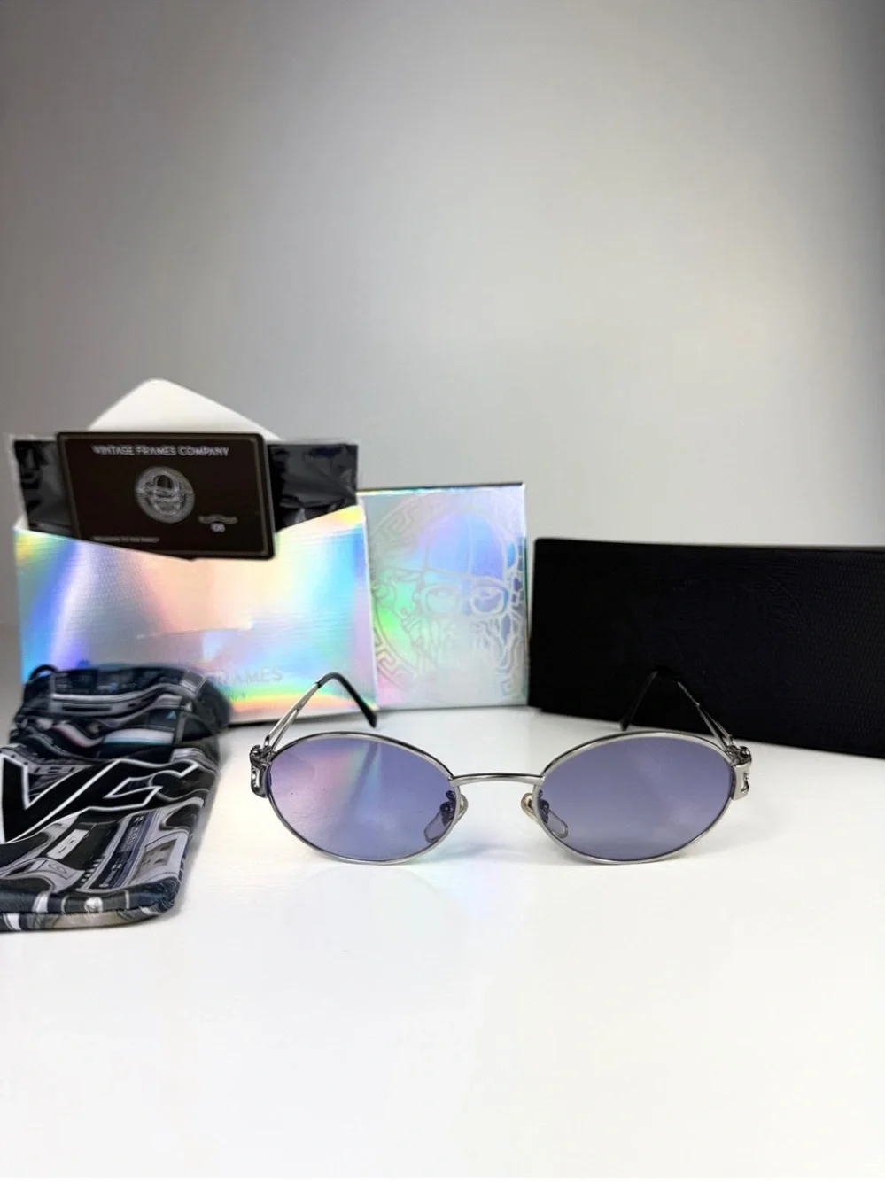 90s Vtg Versace H68 Silver Oval Medusa Sunglasses Custom Purple Lenses Full Set